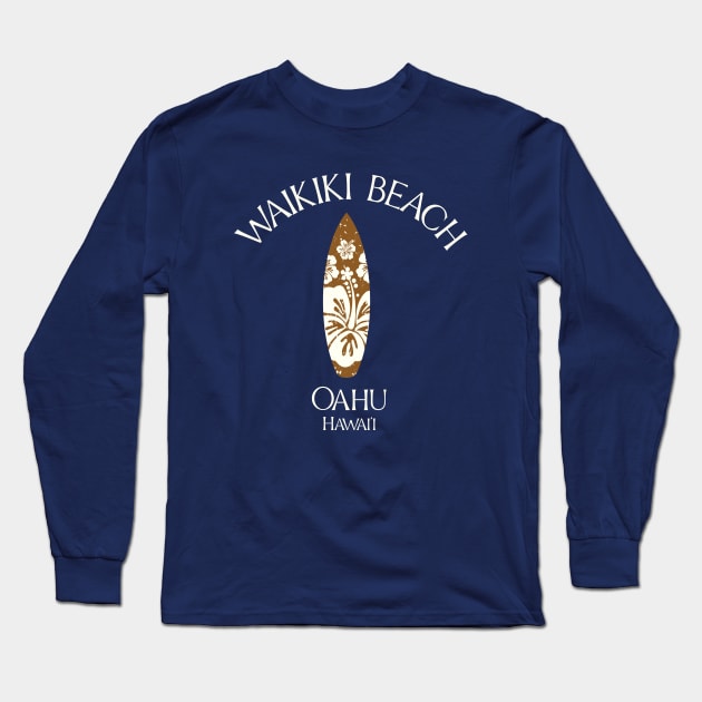 Waikiki Beach Oahu Hawaii Vintage Surfboard Long Sleeve T-Shirt by TGKelly